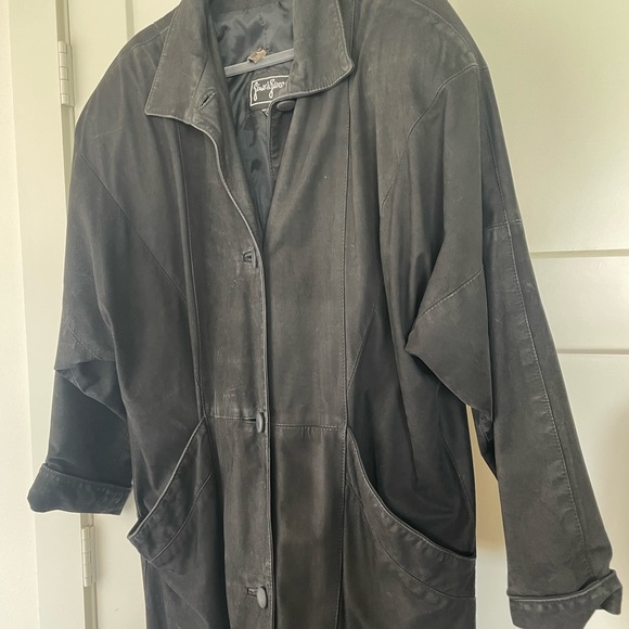 Vintage 80s Gino di Giorgio Black Leather Button Up Trench Coat Size L - Picture 12 of 16